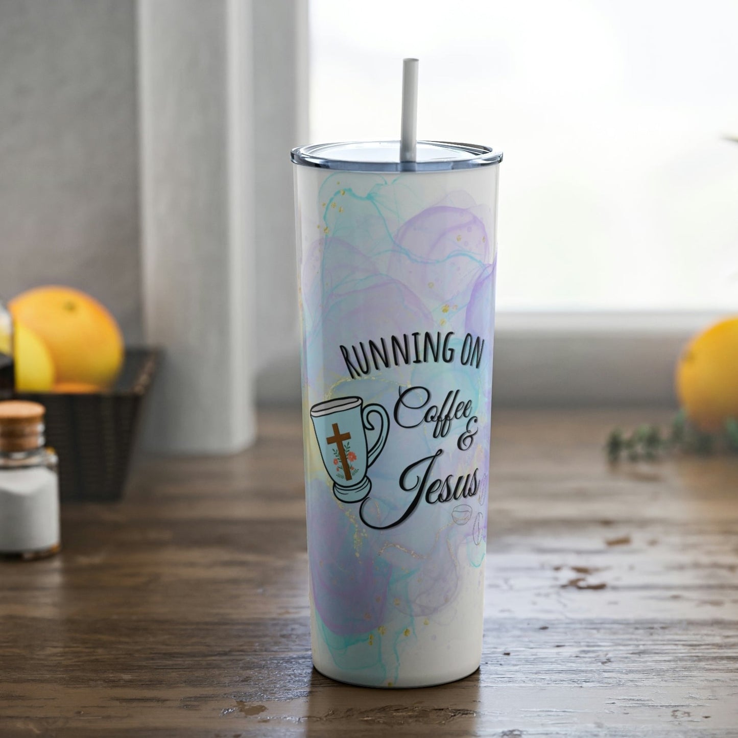 Running on Coffee & Jesus - Skinny Steel Tumbler with Straw