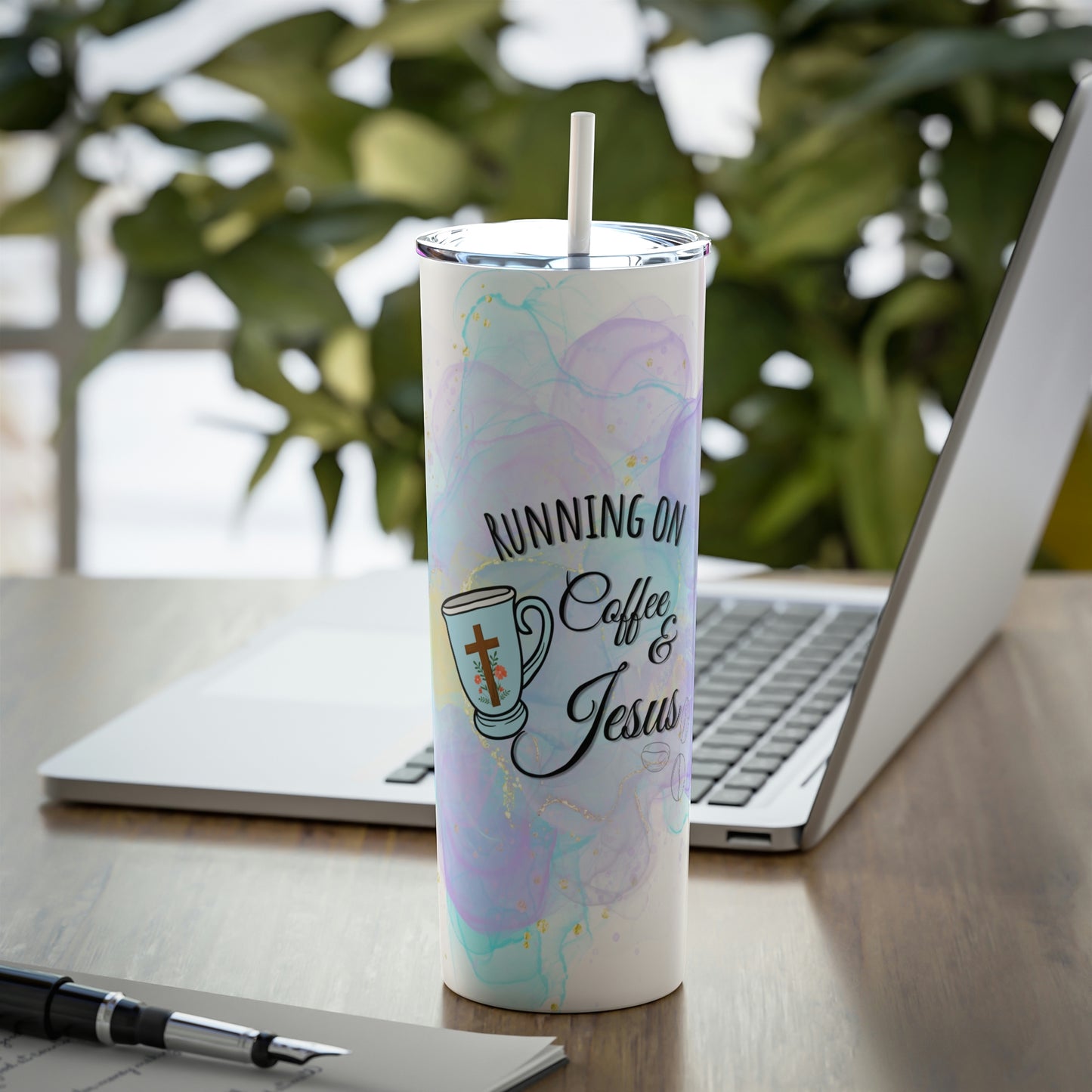 Running on Coffee & Jesus - Skinny Steel Tumbler with Straw