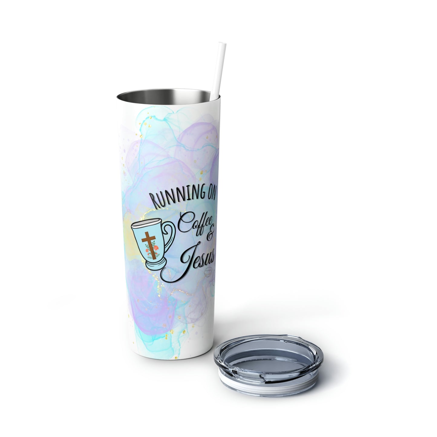 Running on Coffee & Jesus - Skinny Steel Tumbler with Straw